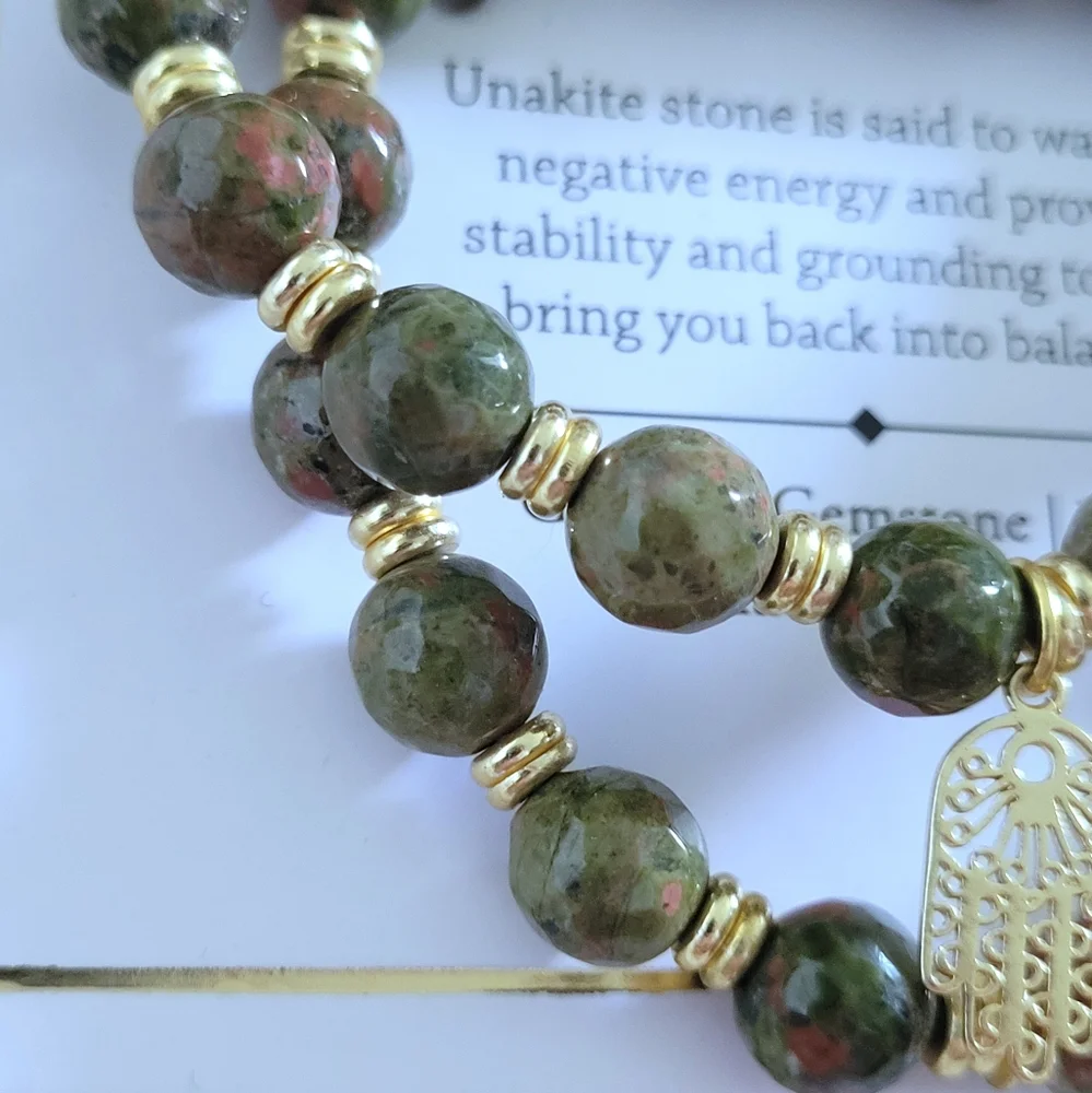 Shivam Unakite Stretch Bracelet Duo✌️ with Hamsa🤚Charm - NIB - Picture 7 of 15